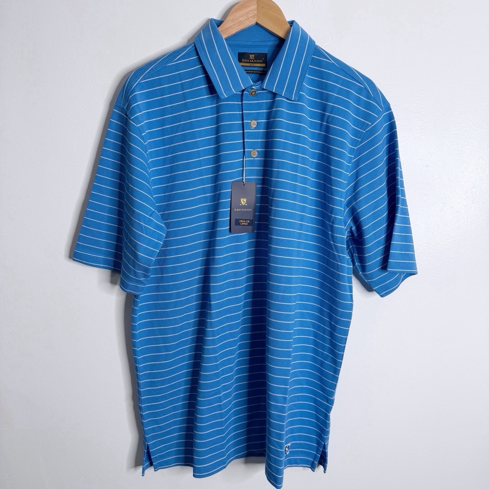 NWOT Sakmann Golf Men's Blue White Stripe Polo Short Sleeve Large Performance